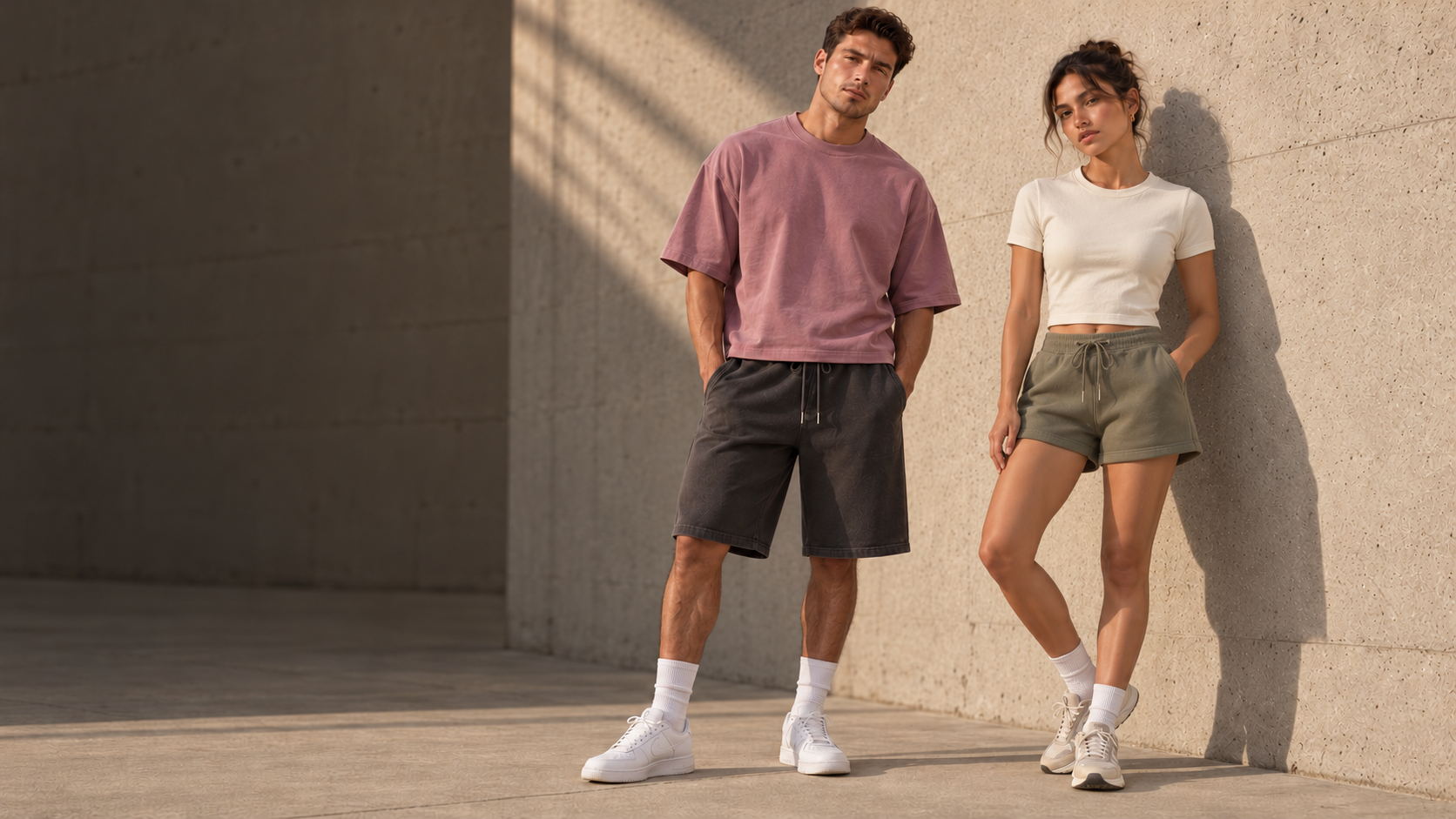 A woman and a man wearing olive and charcoal everyday apparel in the BUILT TO BECOME campaign concept